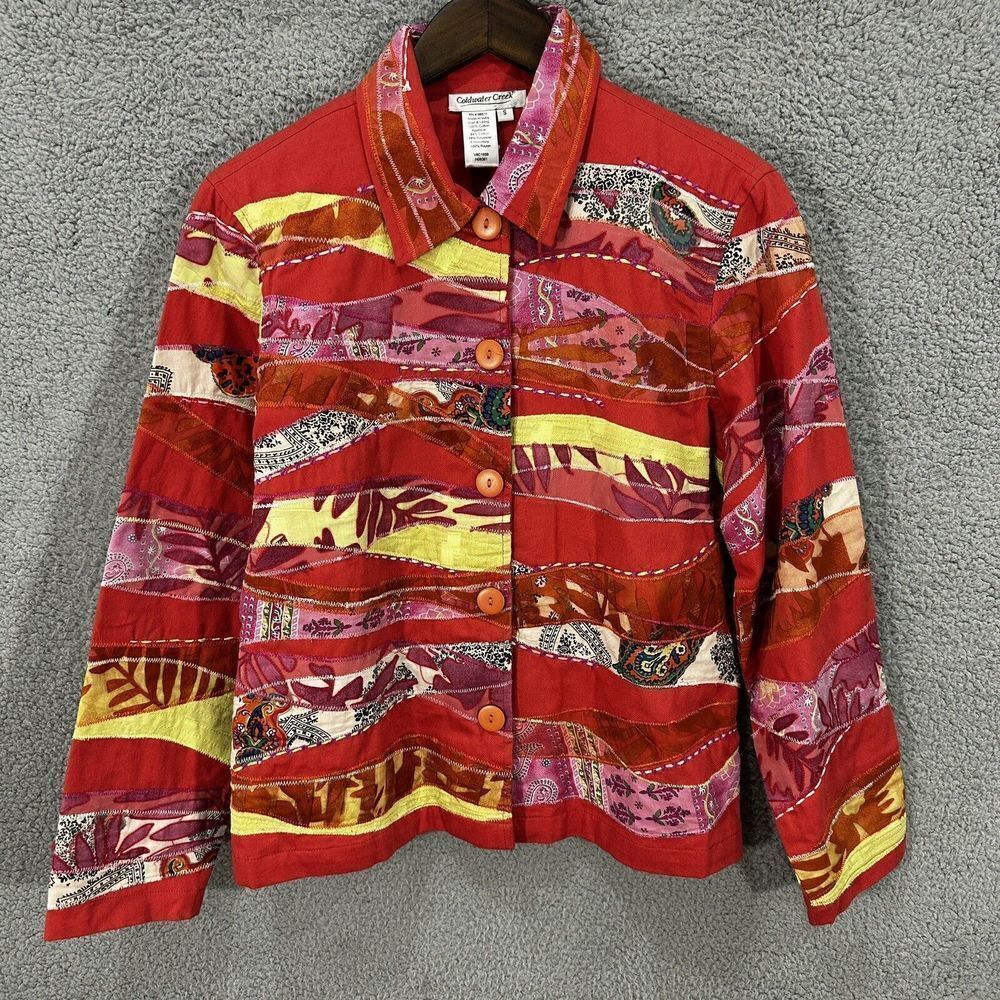 Coldwater creek womens blouse small red geometric embroidered applique boho art
